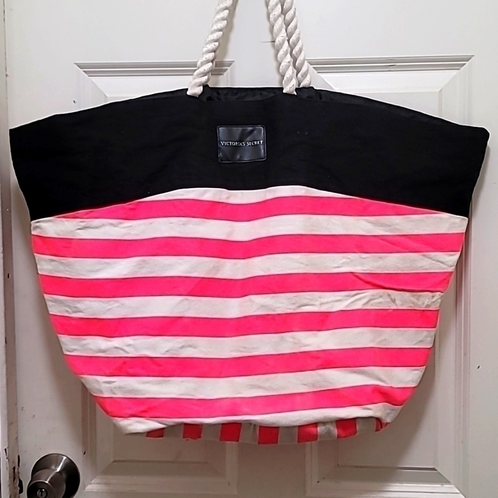 Victoria's Secret Tote Bag Women's 22 x 19 Pink White Striped Canvas Beach Bag